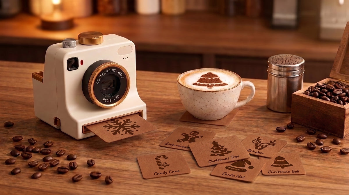 Espumarte Latte-Art-Kamera neben einem Cappuccino mit Zimt-Tannenbaum