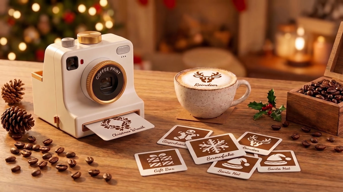 Capuchino con un reno dibujado en la espuma y plantillas navideñas Espumarte