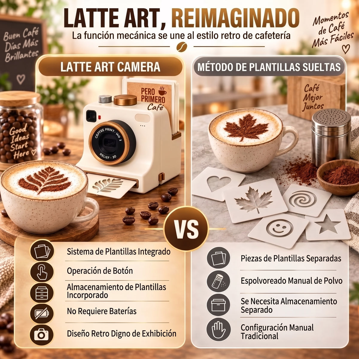 Comparativa entre la cámara Latte Art y las plantillas sueltas para decorar café