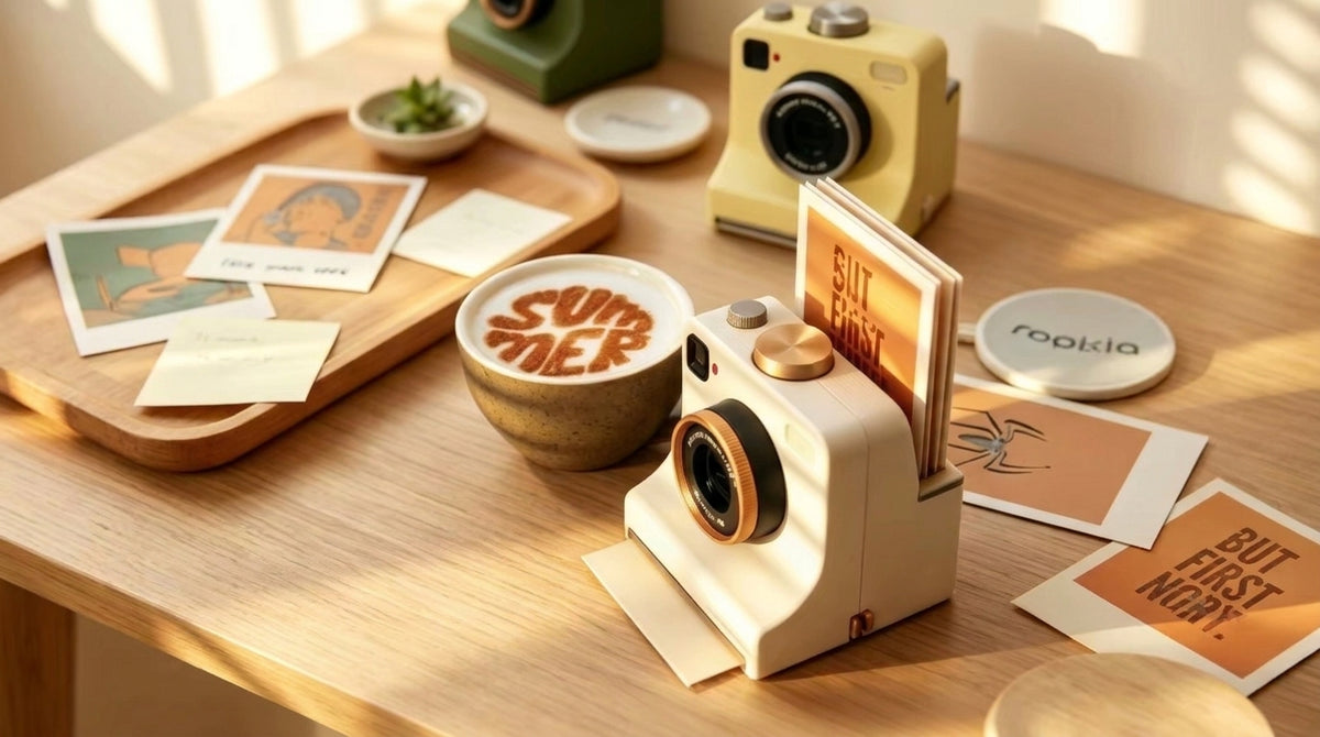 Café decorado con plantilla junto a la cámara Latte Art Espumarte sobre una mesa de madera